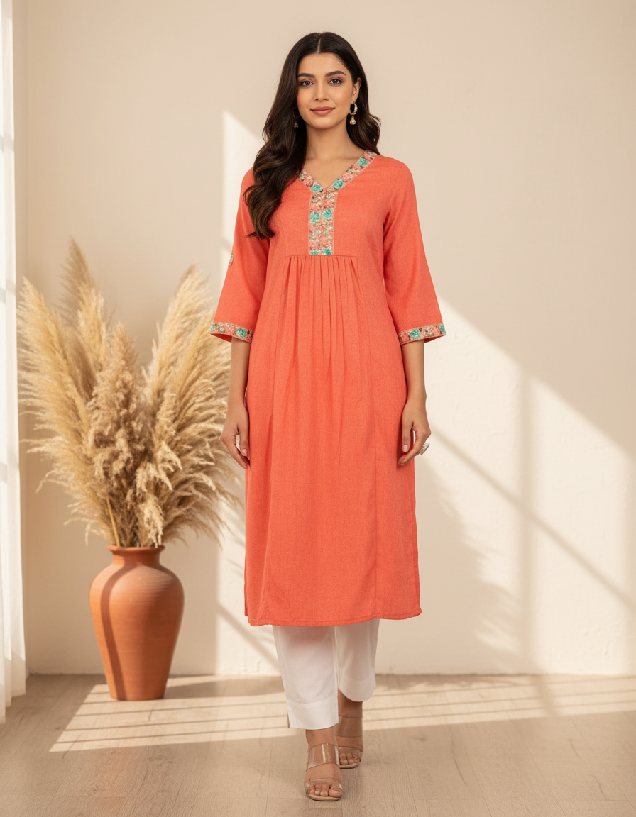 
                Peach Kurta with Thread Embroidery
              