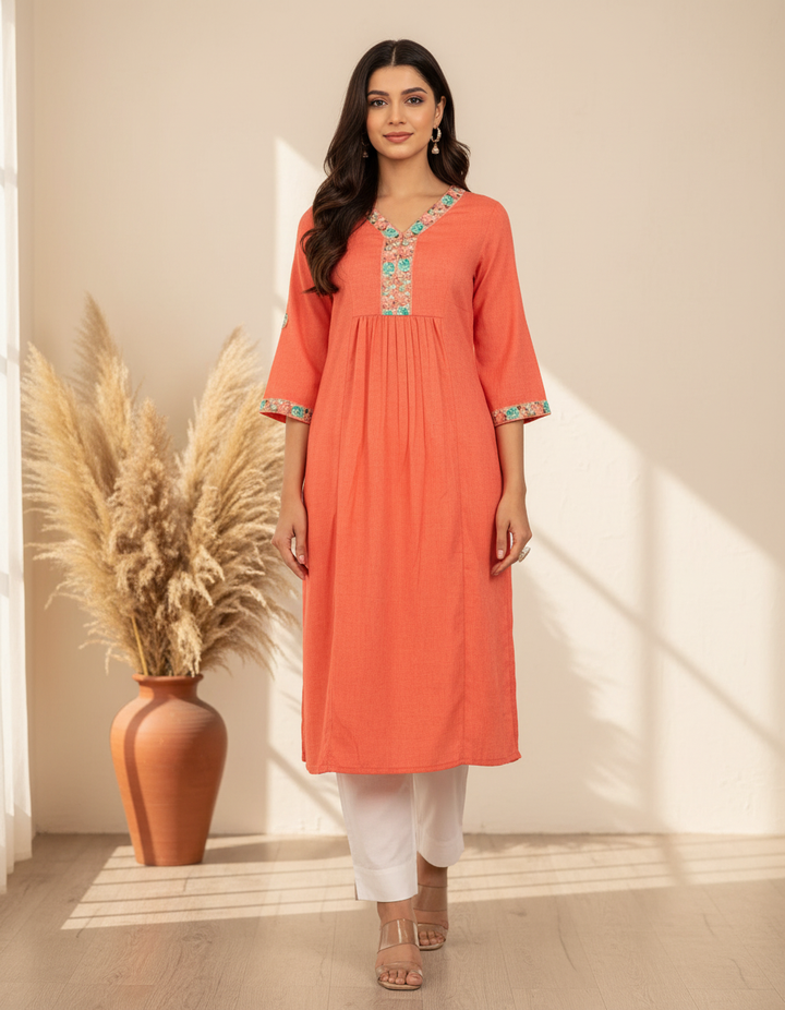 Peach Kurta with Thread Embroidery