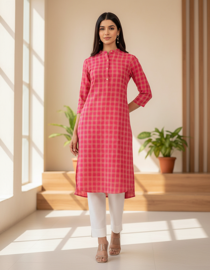 High Low Check Cotton Kurta