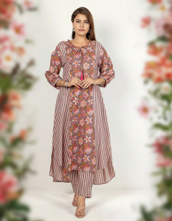 Grey Beige and Dusty Pink Printed Kurta