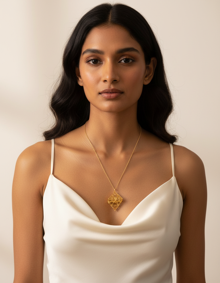 Golden Pyramid Pendant Necklace With Long Chain