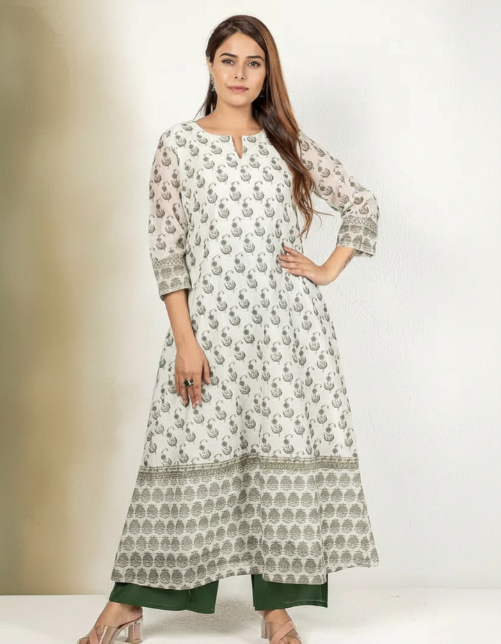 Cream and Olive Green Chanderi Kurta