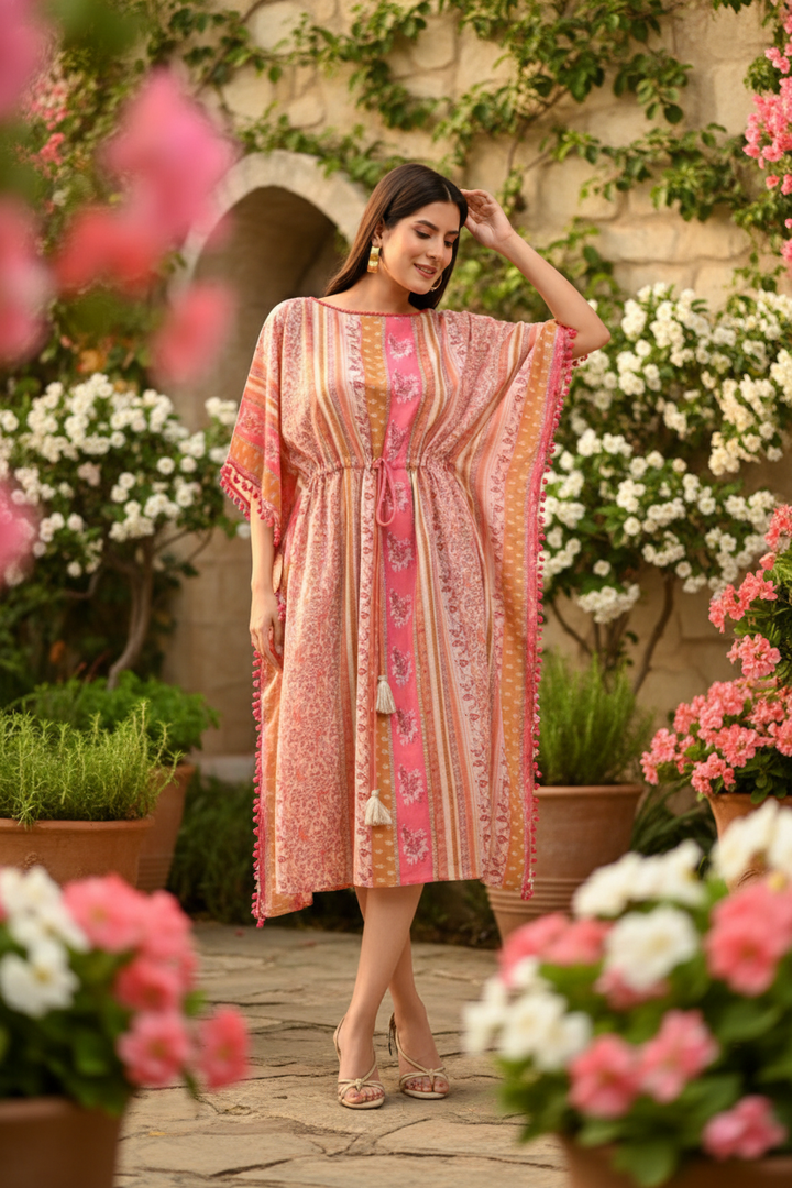 Pastel Pink and Gold Printed Kaftan