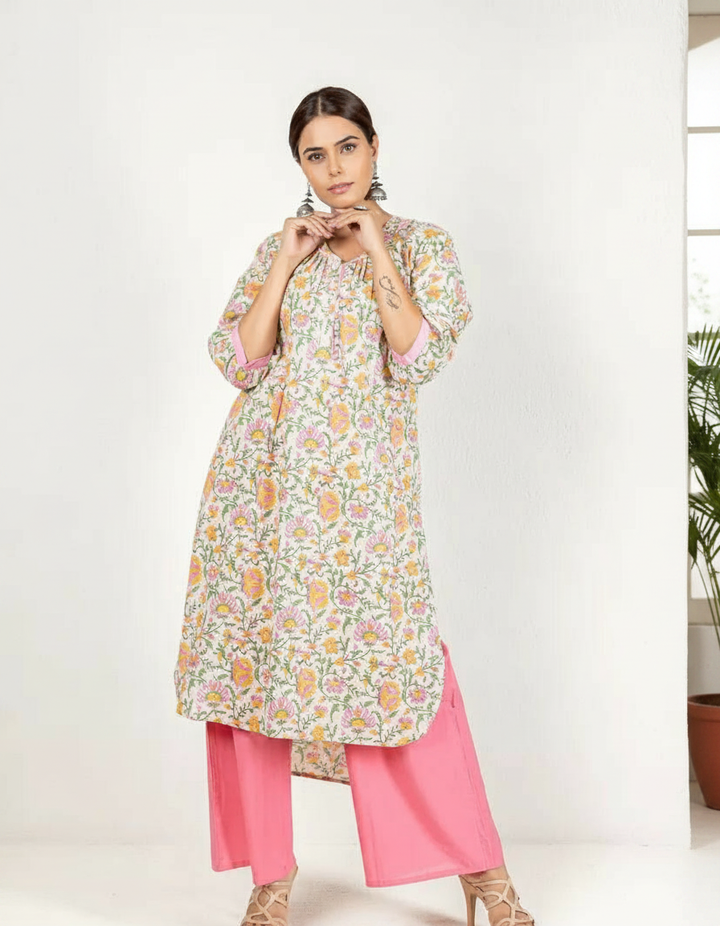 Beige and Pink Hand Block Print Cotton Kurta