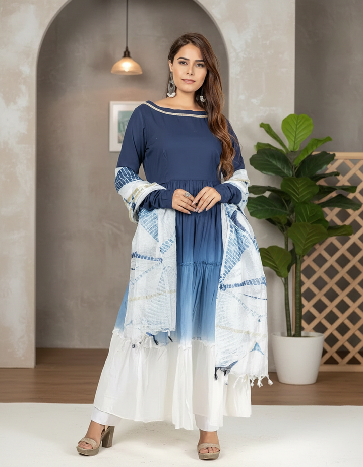 Blue &amp; White Cotton Kurta with Dupatta