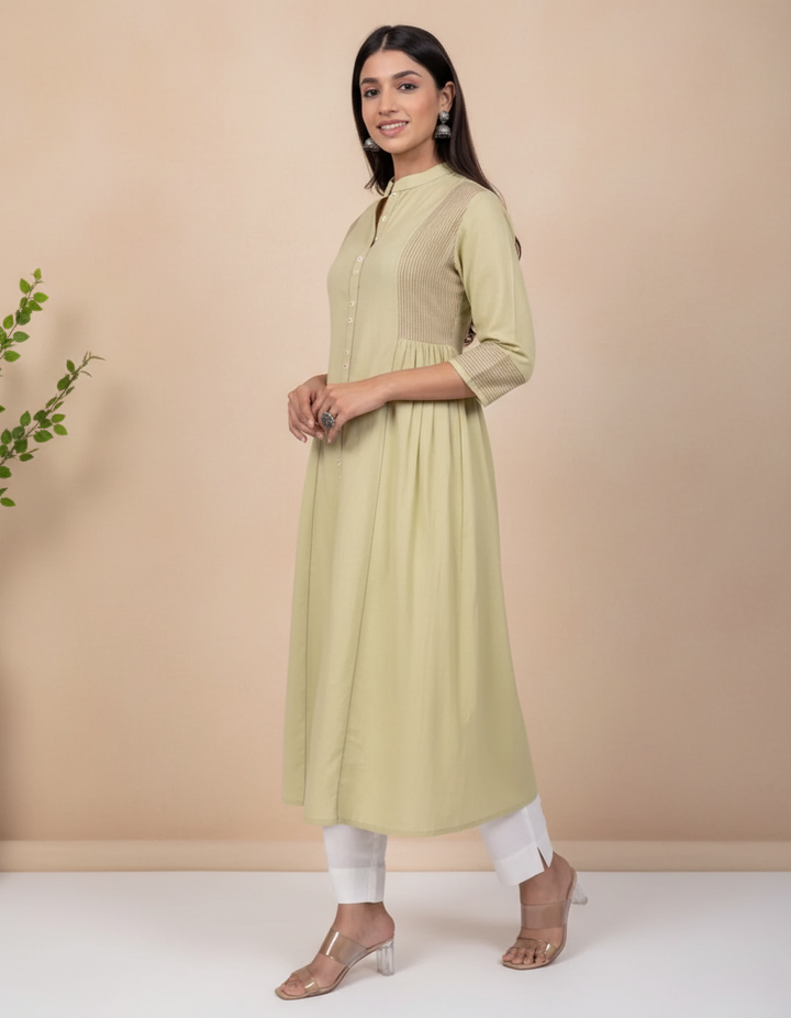 Pista Green Cotton A Line Kurta