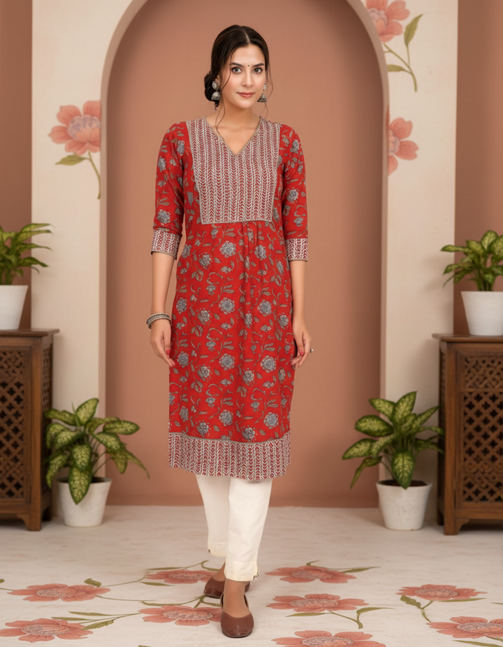 Red Floral Print Cotton Kurta