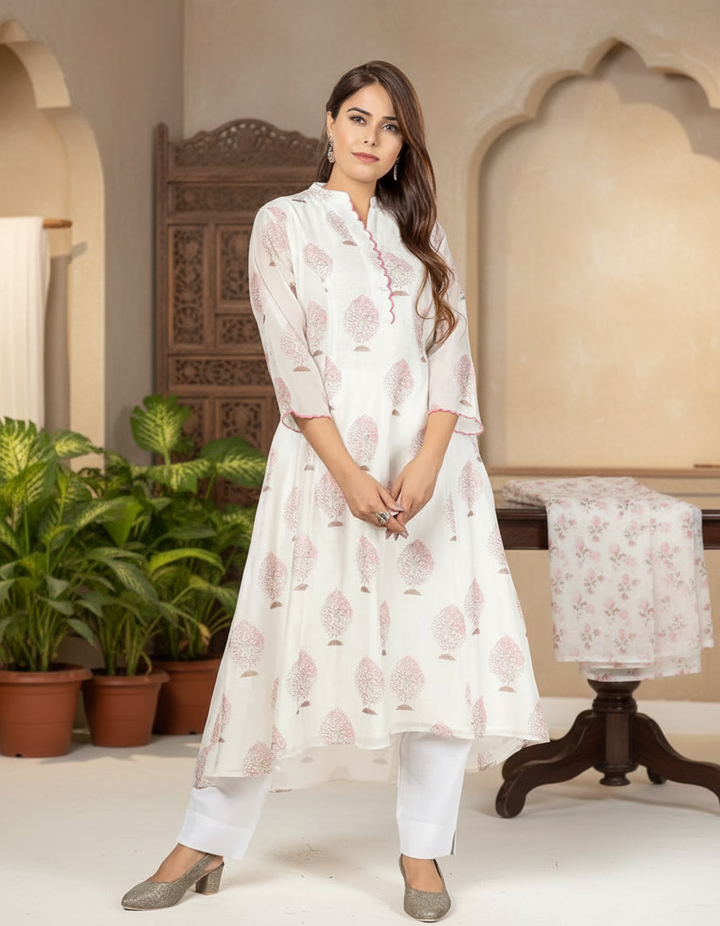 Off White and Pink Chanderi Kurta for Women