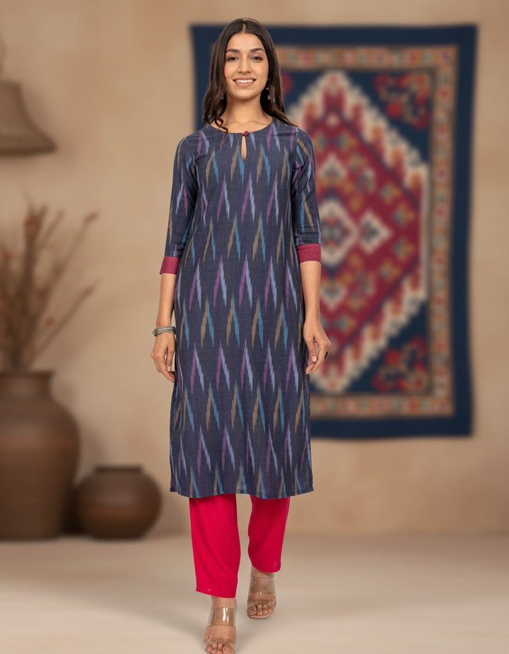 Navy Ikat Straight Fit Kurta for Women