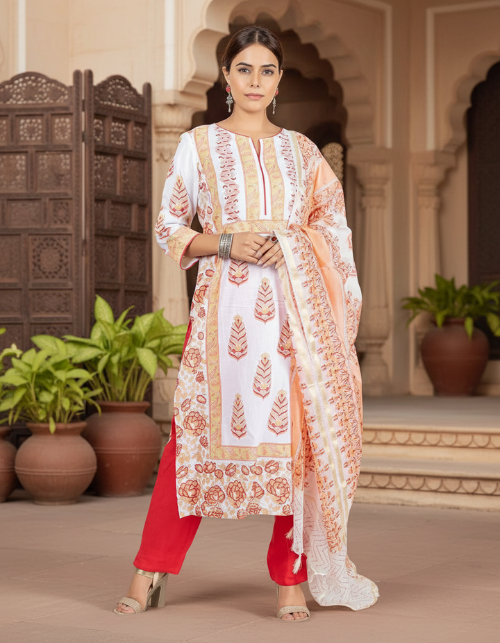 White and Red Cotton Kurta with Dupatta