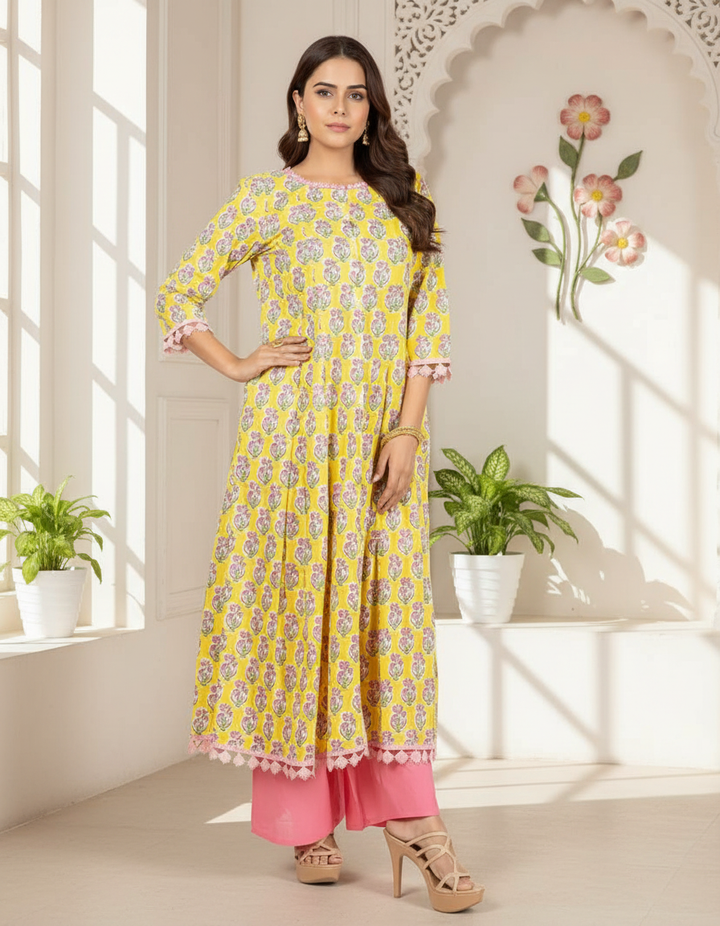 Yellow and Pink Hand Block Print Cotton Kurta