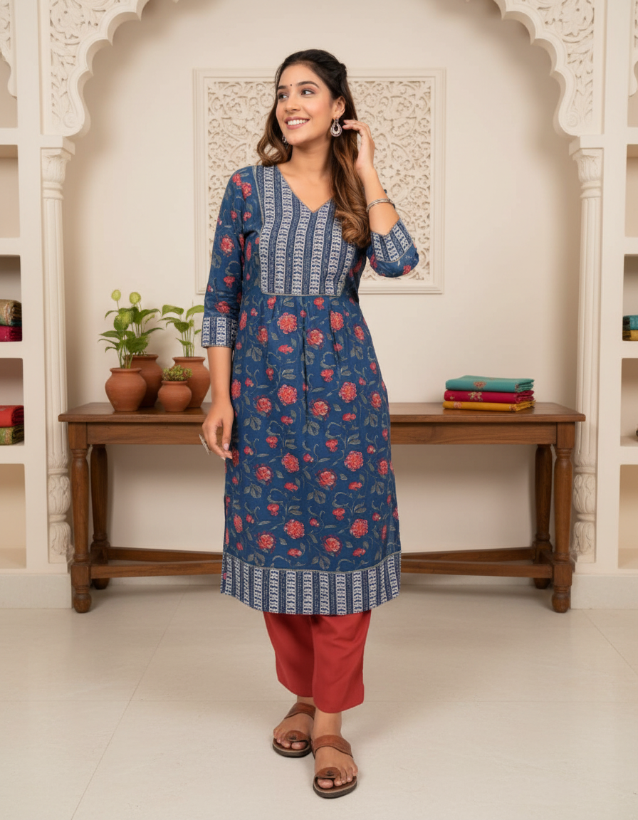 Blue Floral Printed Kurta