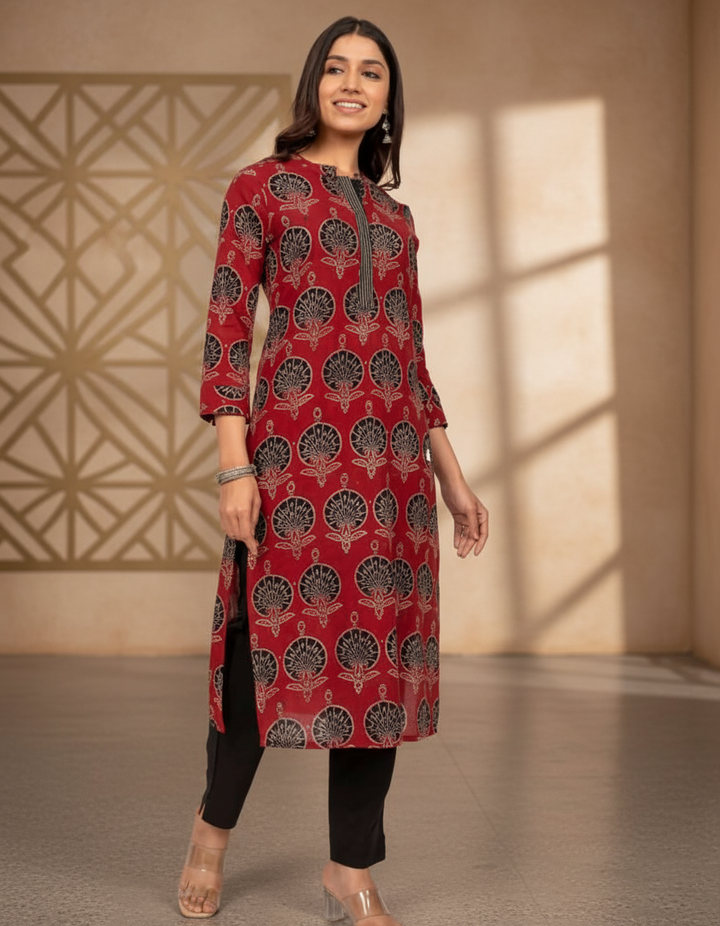 Maroon and Black Peacock Print Cotton Kurta