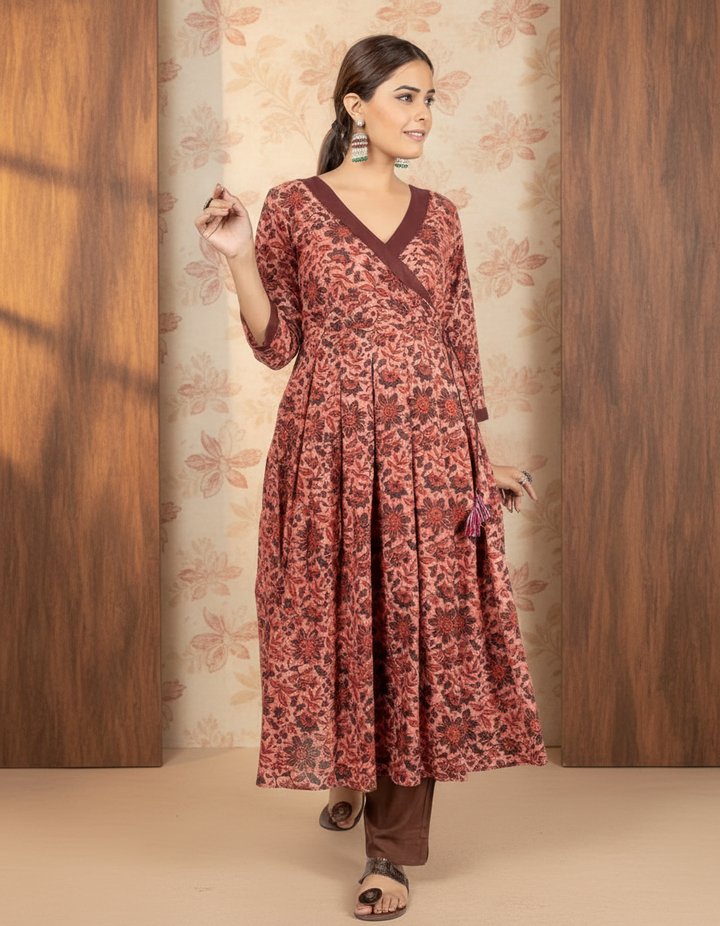 Rust Color Block Print Cotton Kurta for Women