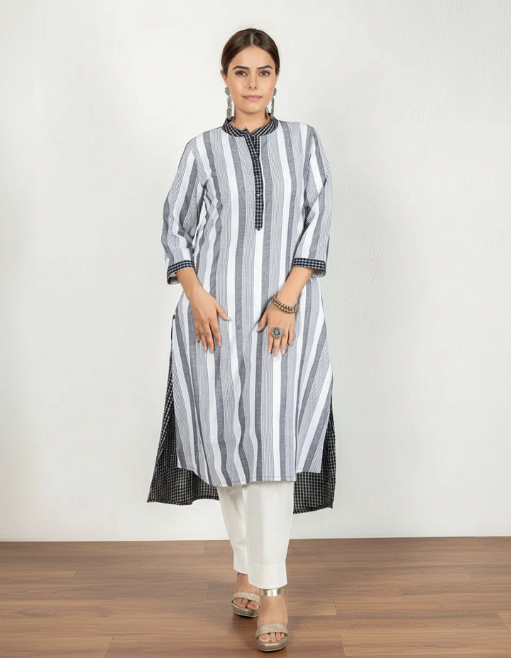 Black and White Woven Striped Cotton Kurta