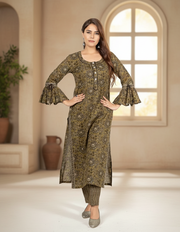 Army Green Cotton Printed Kurta with Pants