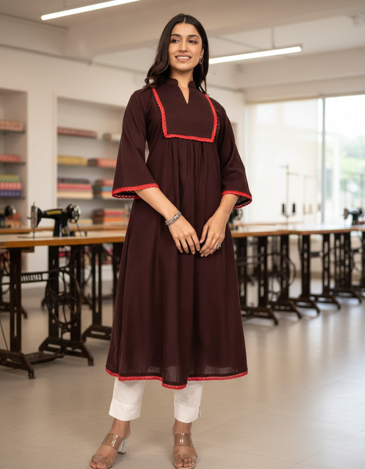 Chocolate Brown Cotton Flax A Line Kurta