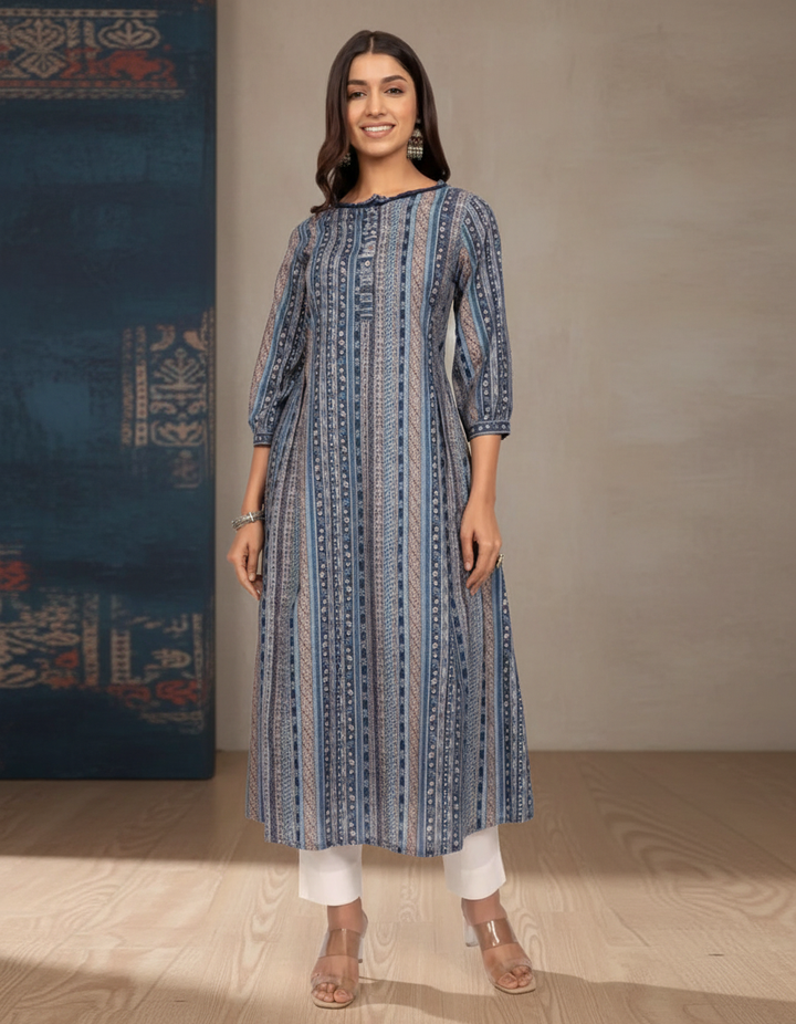 Navy Blue Multiprint Kurta