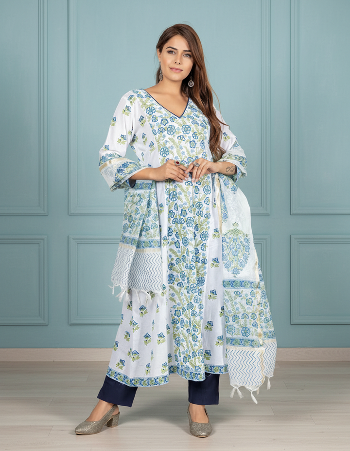 White and Blue Cotton Kurta with Dupatta