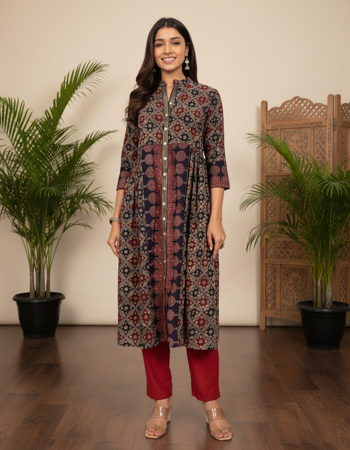 Black and Maroon Front Open Kurta