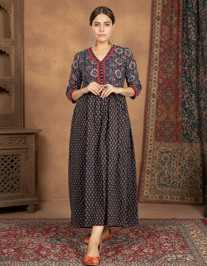 Brown Cotton Printed Flared Kurta for Women