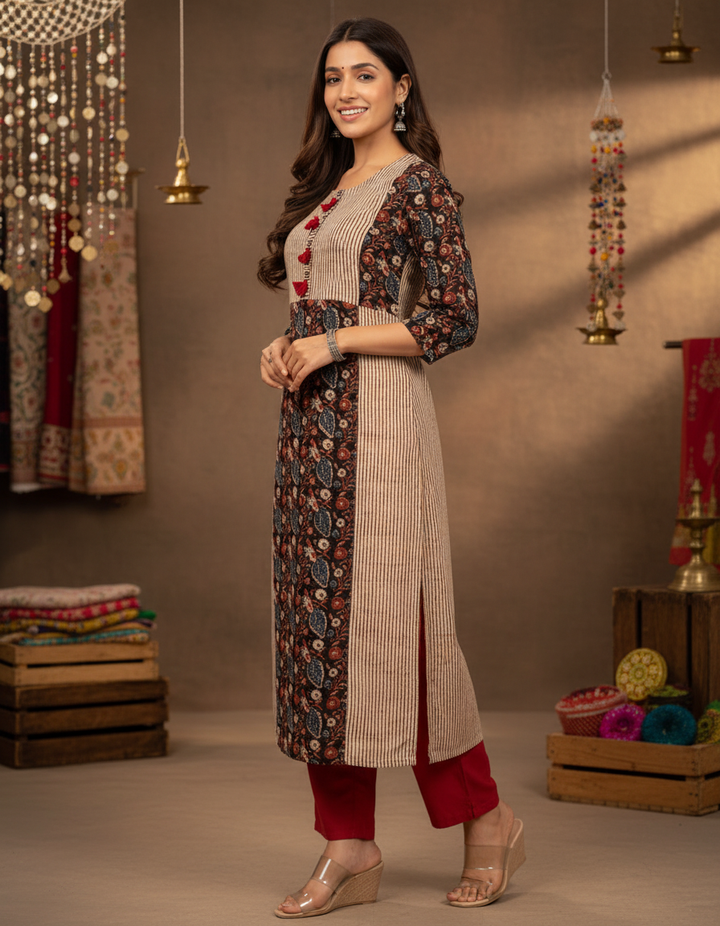 Brown &amp; Beige Kalamkari Kurta