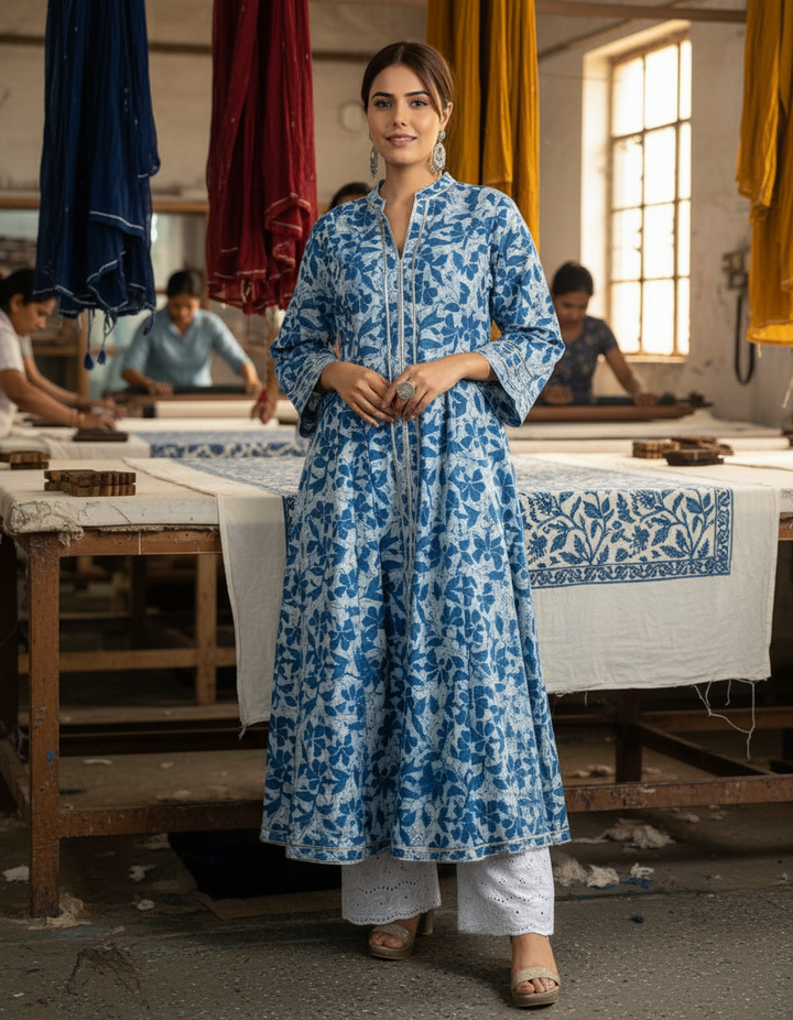 Indigo Blue Hand Block Dabu Print Kurta with Gota Detailing