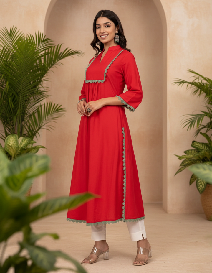 Red Cotton Flax A Line Kurta