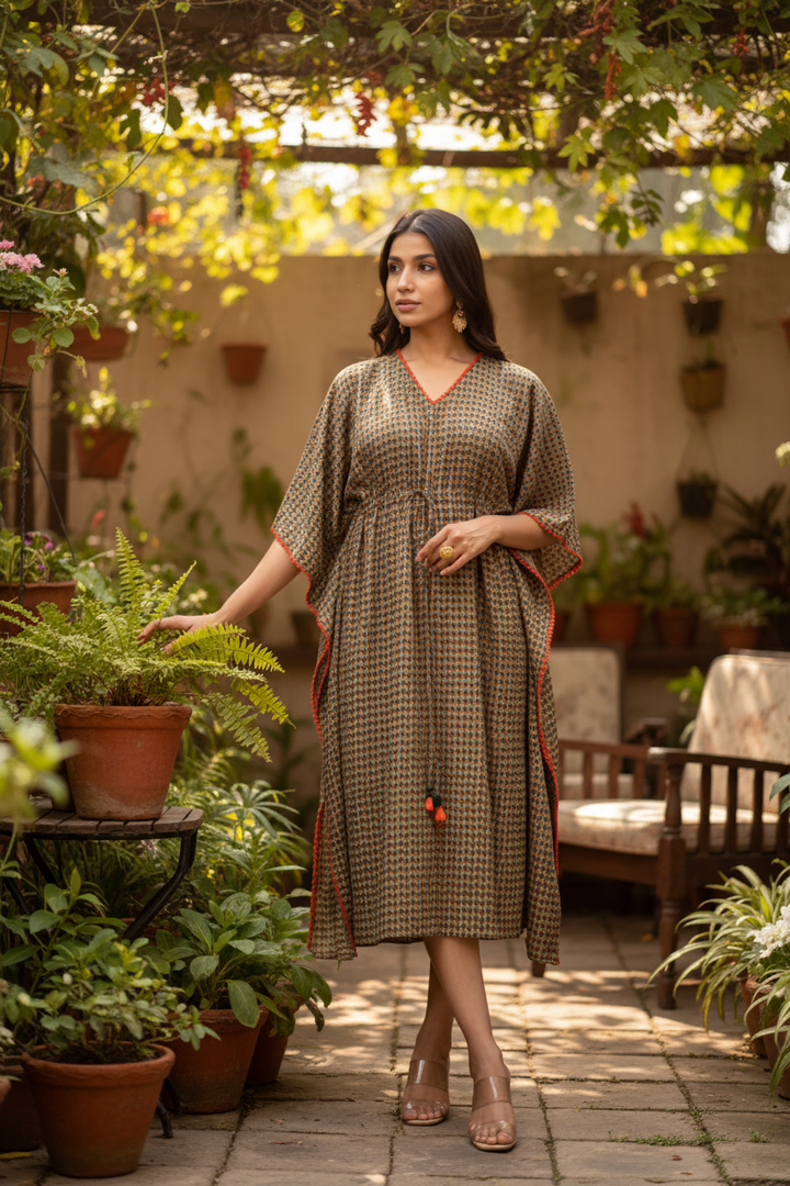 Moss Green Printed Kaftan Dress