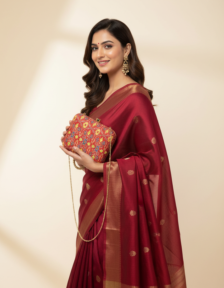 Pink and Yellow Ikat Print Silk Clutch