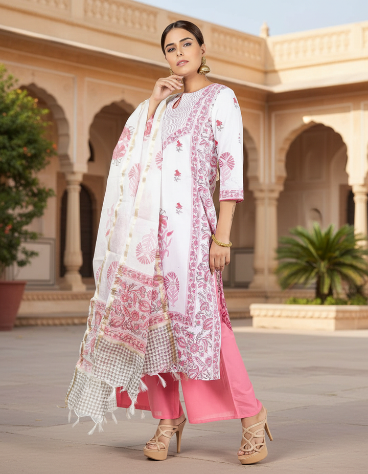 White and Pink Cotton Kurta with Dupatta