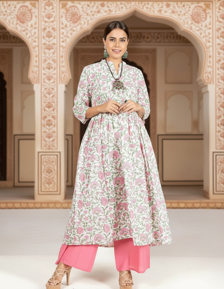 Off White and Pink Hand Block Print Cotton Kurta