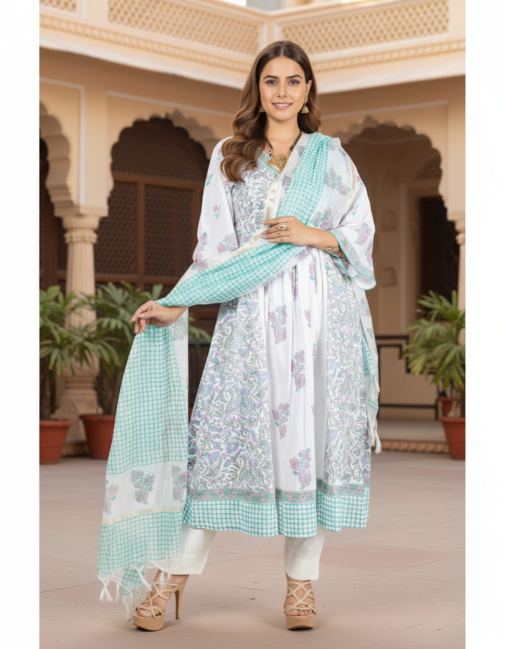 White and Turquoise Cotton Kurta with Dupatta