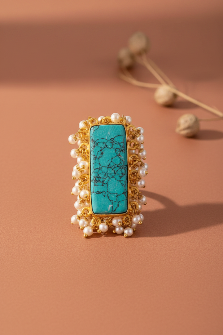 Turquoise Stone Pearl Embellished Hand Ring