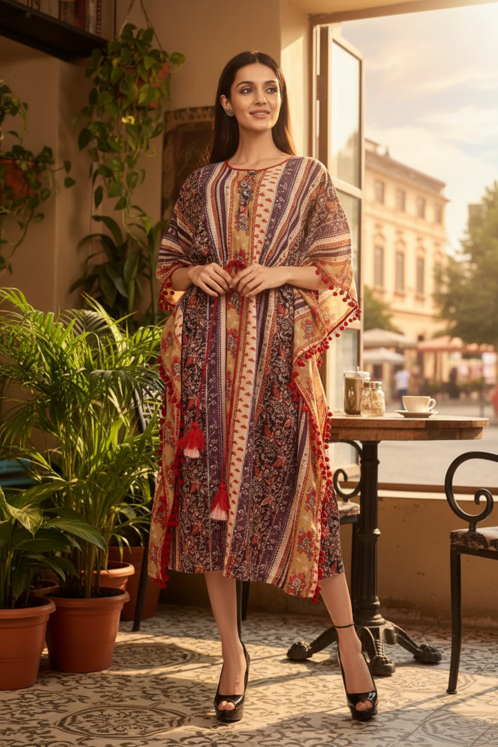Purple and Red Multicolor Printed Kaftan Dress
