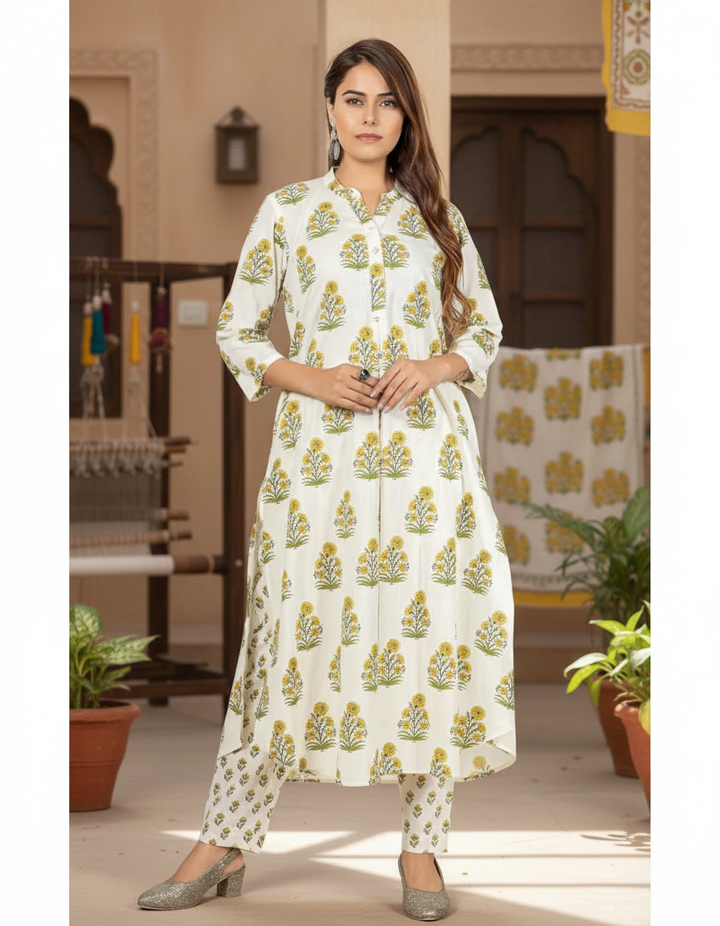 Cream &amp; Green Cotton Printed Kurta with Pants