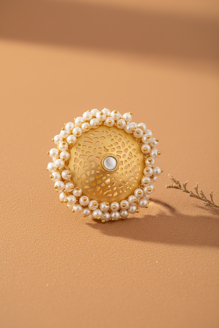 Jaali Pattern Pearl Embellished Hand Ring