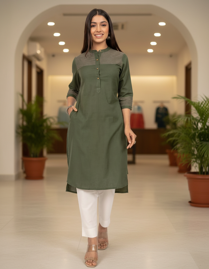 Olive Green Straight Fit Cotton Kurta