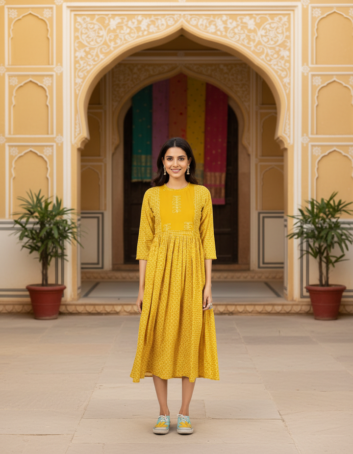 Mustard Cotton Printed Kurta for Women