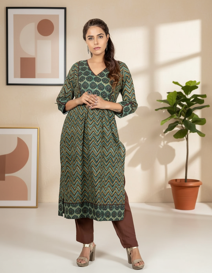 Blue and Green Ajrakh Print Cotton Kurta for Women