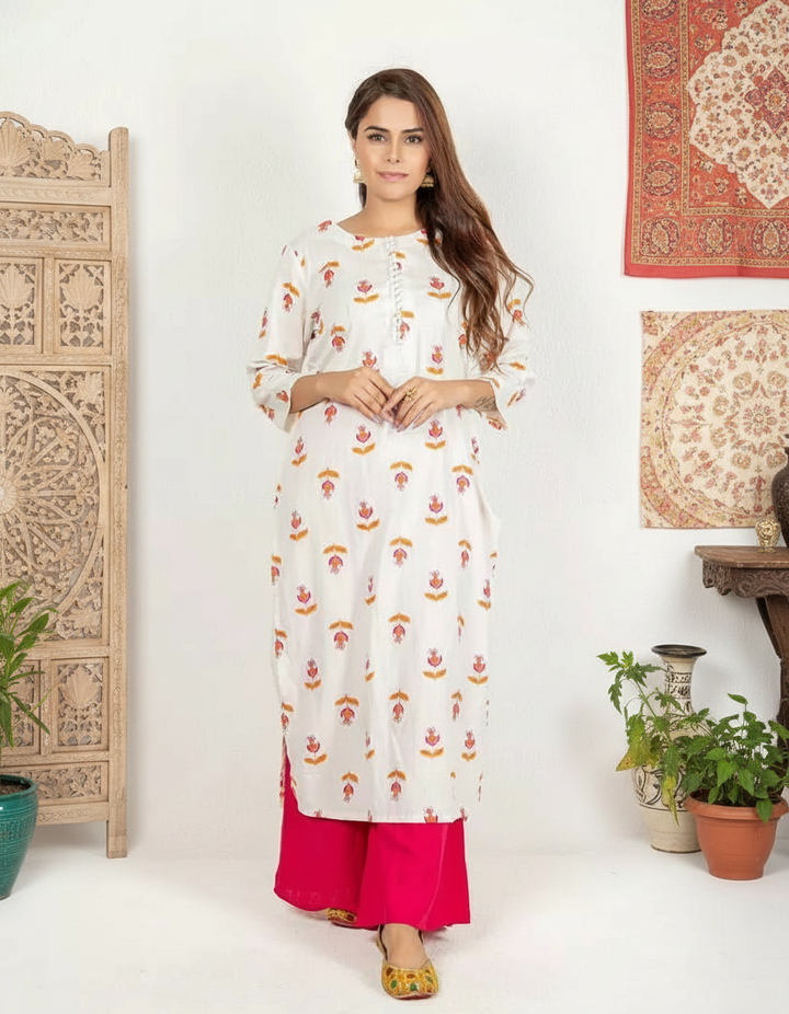 Cream with Orange &amp; Pink Cotton Flax Kurta