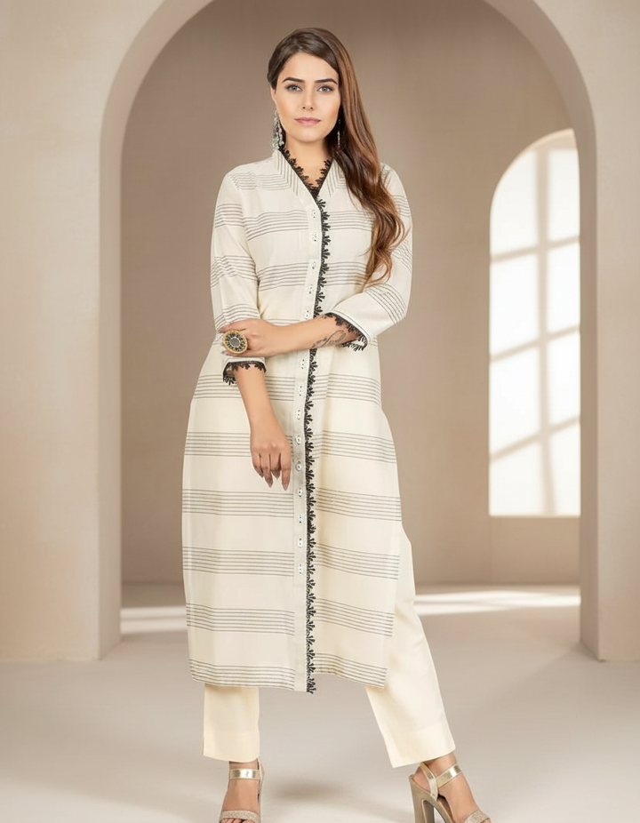 Cream and Black Cotton Silk Kurta