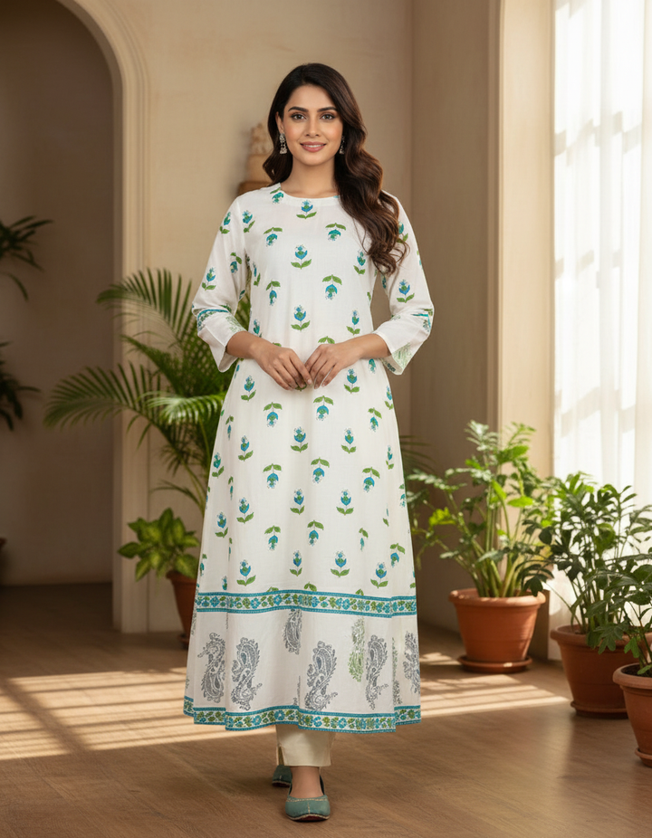 Cream with Blue Green Cotton Flax Kurta