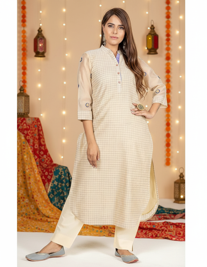 Beige Purple Chanderi Kurta for Women
