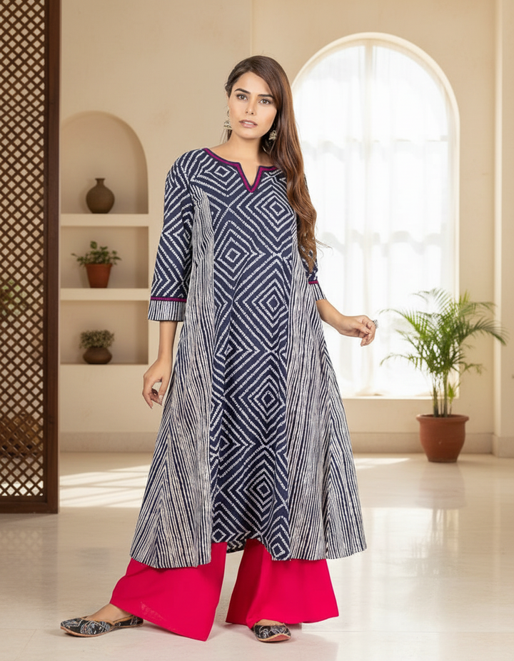 Navy Blue Cotton Printed Kurta for Women
