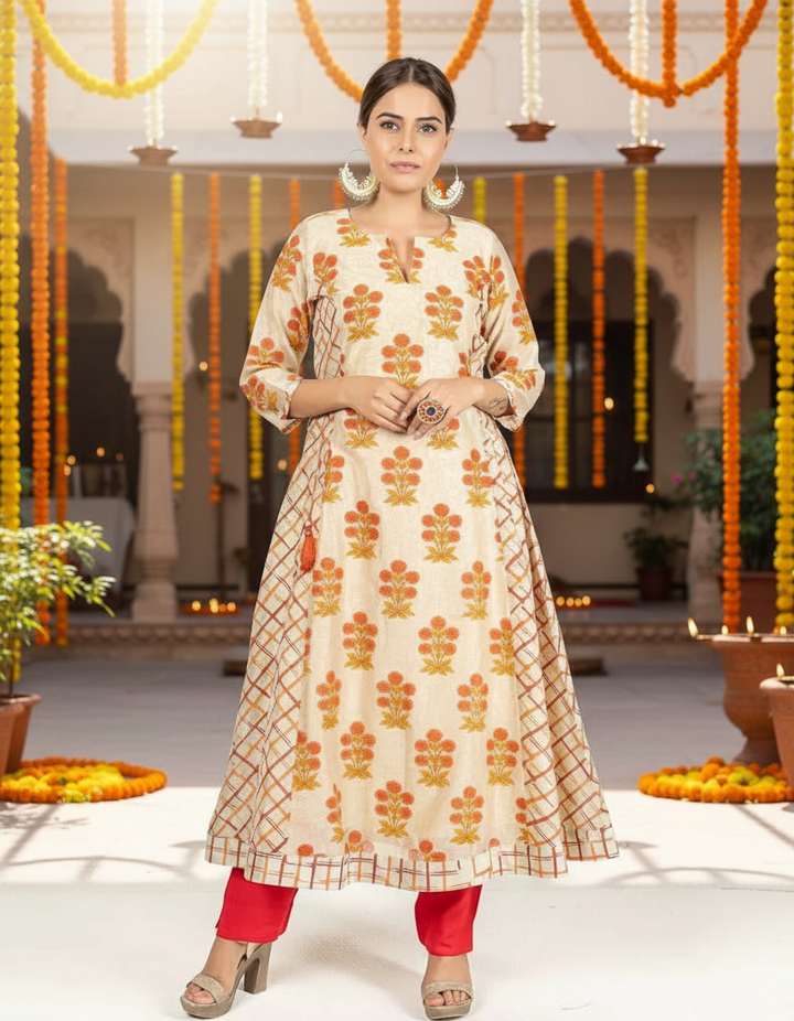 Beige and Rust Chanderi Kurta for Women