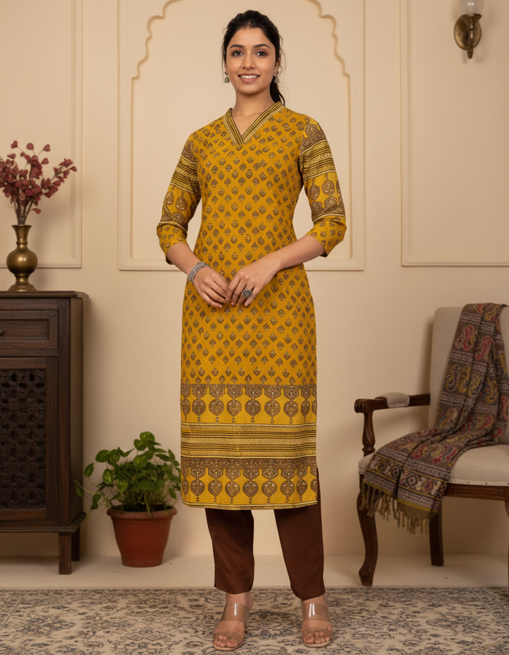 Mustard Ajrakh Print Kurta