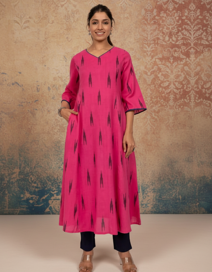 Pink Ikat Long Cotton Kurta