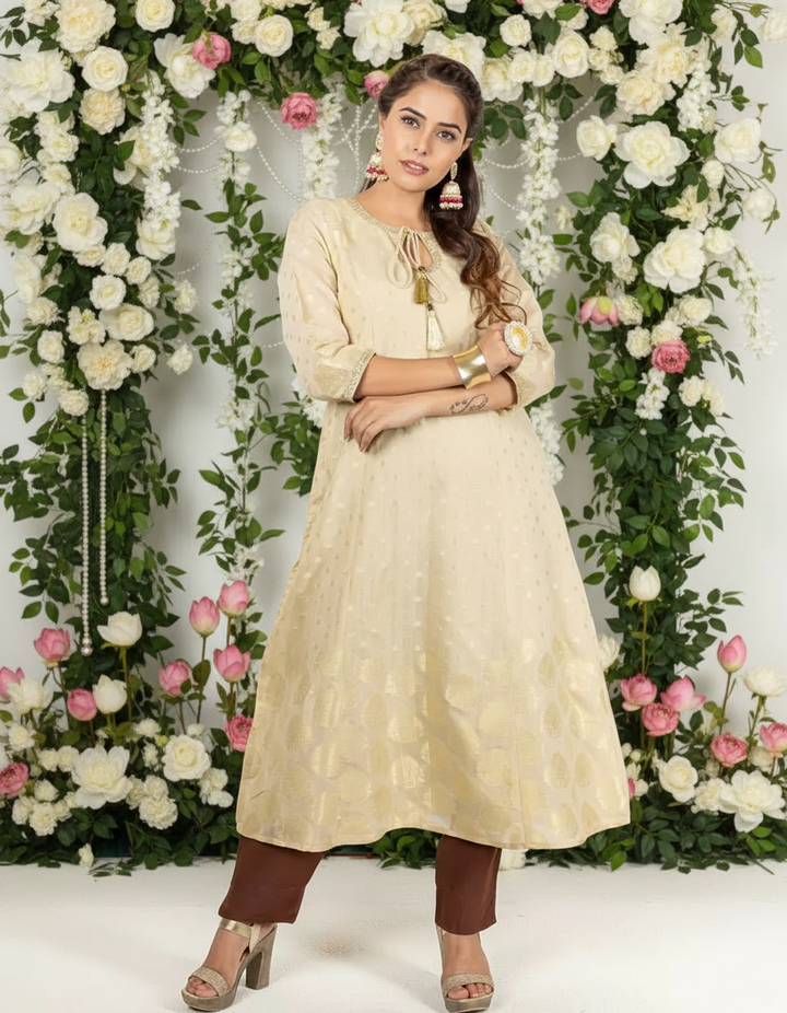 Beige and Gold Chanderi Kurta for Women