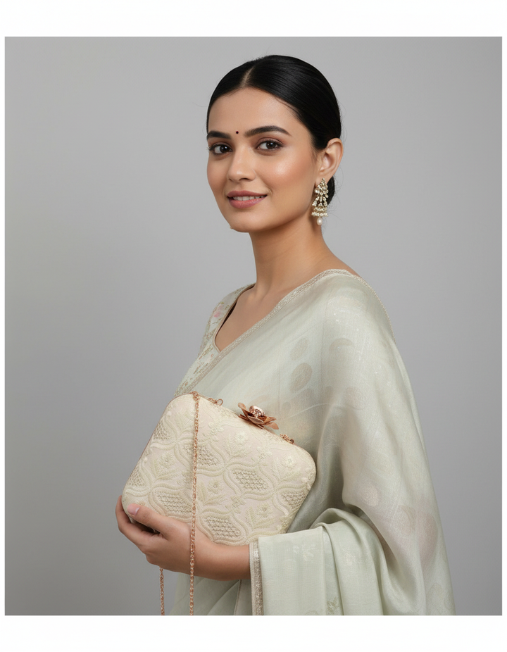 Off White and Silver Thread work Silk Clutch